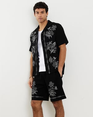 River Island Mens Shorts Black Regular Fit Floral Embroidered Detail