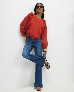 River Island Womens Blouse Orange Long Sleeve Ruffle Round Neck