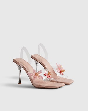 River Island Womens Heels Pink Perspex Straps Flower Square