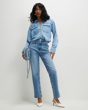 River Island Womens Bomber Jacket Blue Denim Tencel Bubble Hem