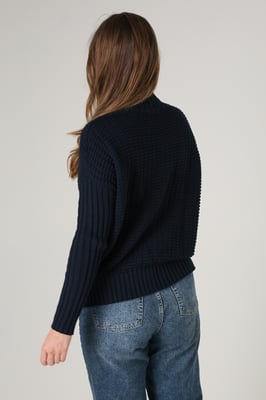 Navy Cotton Mozart Popcorn Knit High Neck Jumper