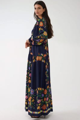 Geprinte V-hals Maxi-jurk met knoopdetail