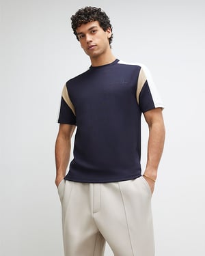 River Island Mens T-Shirt Navy Slim Fit Shoulder Colour Block