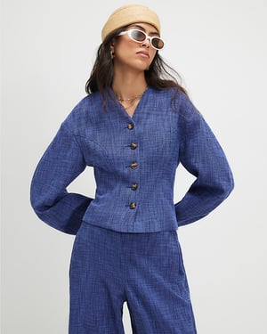 River Island Womens Jacket Navy Cotton Cocoon Sleeve Seamed V-Neck