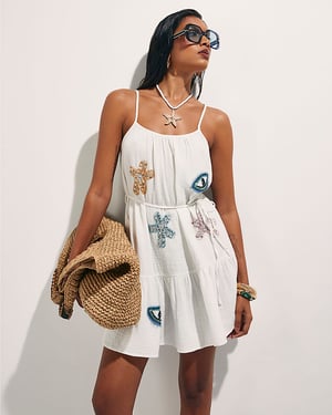 River Island Womens Mini Dress White Cotton Bead Cami Sleeveless