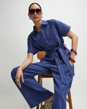 River Island Womens Top Navy Linen Look Belted Short Sleeve