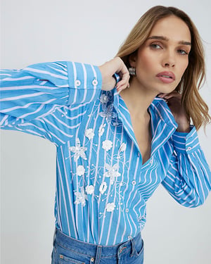 River Island Womens Shirt Blue Striped Long Sleeve Embellished