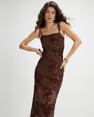 River Island Womens Maxi Dress Brown Sleeveless Cornelli Square Neck