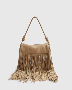 River Island Womens Cylinder Bag Beige Mega Fringe Suede Zip