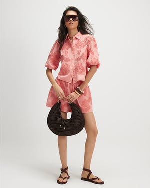 River Island Womens Shirt Pink Cotton Puff Sleeve Cornelli Collared
