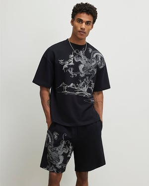 River Island Mens T-Shirt Black Oversized Japanese Dragon