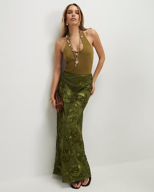 River Island Womens Maxi Skirt Khaki Cornelli Elasticated Waist