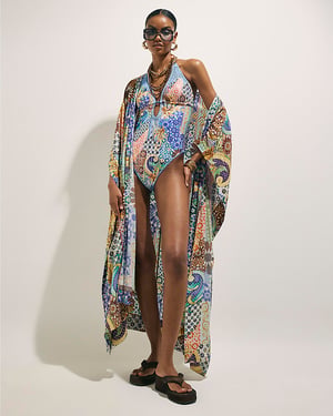 River Island Womens Swimsuit Blue Metallic Abstract Plunge Padded