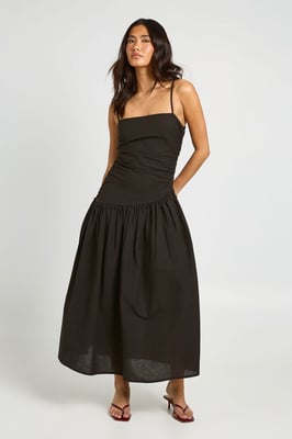 Linen Ruched Drop Hem Midi Skater Dress