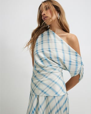 River Island Womens Top Blue Check Off The Shoulder Short Sleeve