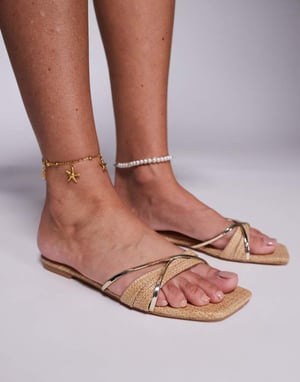 Simmi London Saffy fyrkantiga tå platta sandaler i beige