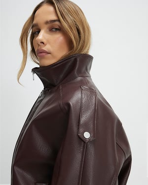 River Island Womens Jacket Brown Faux Leather Funnel Neck Batwing