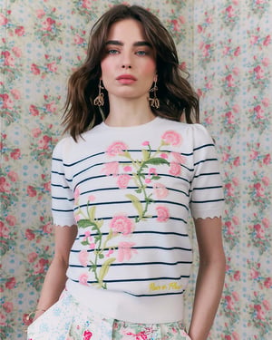 River Island Womens T-Shirt White Stripe Floral Embroidered Knit