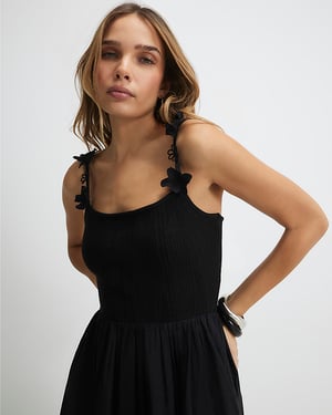 River Island Womens Midi Dress Black Poplin Broderie Tie Back