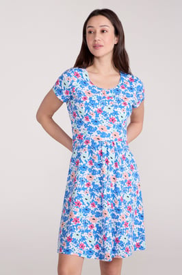 Orchid Patterned Women's UV Summer Dress with Side Pockets Holiday Beach Dress Medium Blue