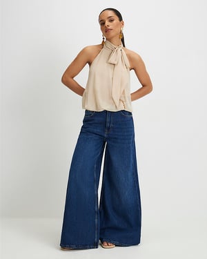 River Island Womens Wide Leg Jeans Petite Navy High Waisted Soft