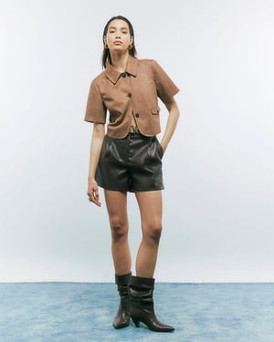 River Island Womens Shirt Beige Faux Suede Pocket Short Sleeve
