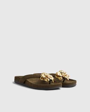 River Island Womens Sandals Khaki Flower Toe Thong Flat Floral