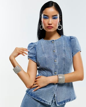 River Island Womens Top Blue Washed Bling Denim Short Sleeve