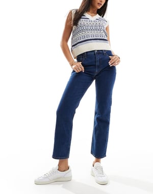 Abercrombie & Fitch ultra high rise ankellång rak benjeans i blå tvätt