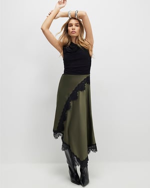 River Island Womens Midi Dress Khaki Lace 2 in 1 Hybrid Design Drape