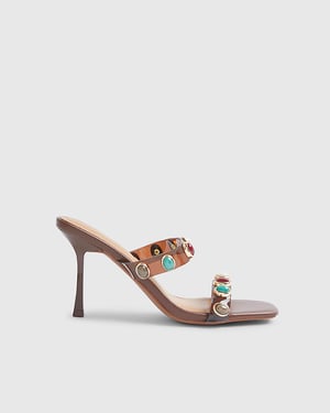 River Island Womens Heeled Mules Brown Perspex Straps Gem Heels