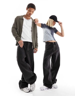 Weekday Unisex Astro lösa passform breda benjeans i stämd svart