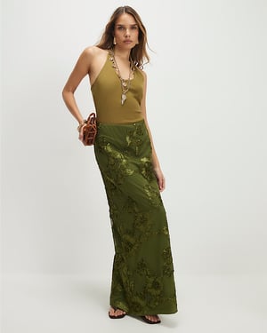 River Island Womens Maxi Skirt Khaki Cornelli Elasticated Waist