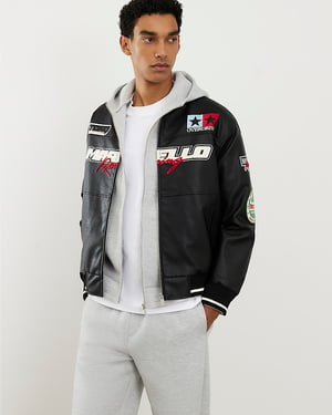 River Island Mens Bomber Jacket Black Faux Leather Motocross