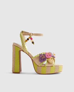 River Island Womens Sandals Yellow Stripe Raffia Flower Platform