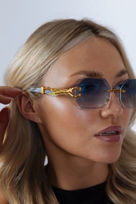 Rimless Oval Geometric Sunglasses in Gold Blue
