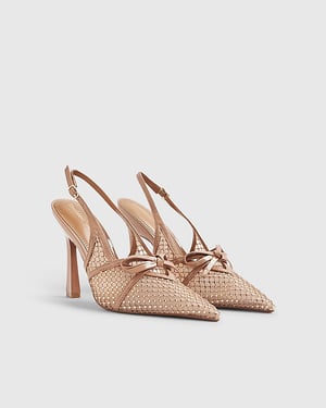 River Island Womens Slingback Heels Beige Mesh Bow Pointed Toe