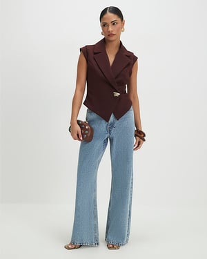 River Island Womens Waistcoat Petite Brown Cap Sleeve Twill