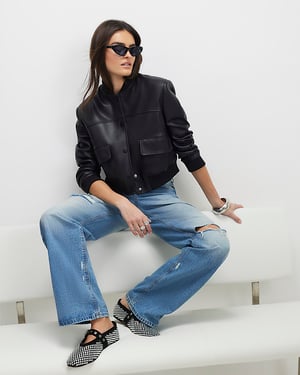 River Island Womens Bomber Jacket Black Faux Leather Cropped