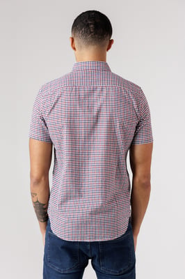 Red Cotton Short Sleeve Gingham Chest Pocket Shirt