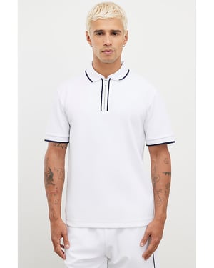 River Island Mens Polo Shirt White Slim Fit Textured Zip Tipped