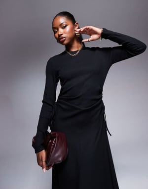 ASOS DESIGN ruched tie side rib midi dress in black