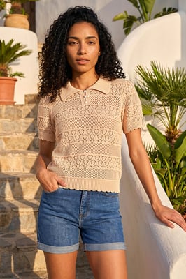 Pointelle Collar Knit Top
