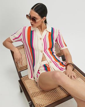 River Island Womens Shirt Cream Striped Crochet Short Sleeve