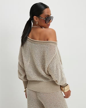 River Island Womens Top Petite Beige Knitted Off Shoulder Long Sleeve
