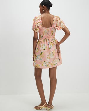 River Island Womens Mini Dress Pink Puff Sleeve Floral Short Sleeve