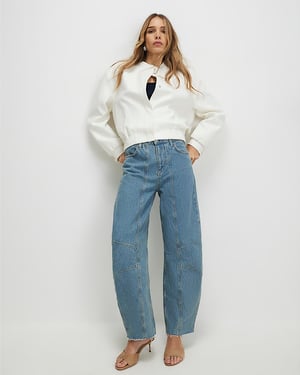 River Island Womens Barrel Leg Jeans Blue Seamed Raw Hem