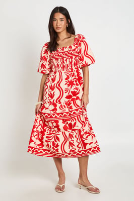 Petite Floral Print Linen Look Volume Sleeve Tiered Midaxi Dress