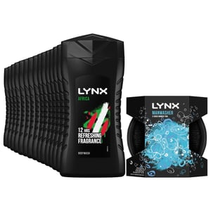 Lynx Africa Shower Gel 15x50ml with 2-Sided Manwasher Shower Tool for Men
