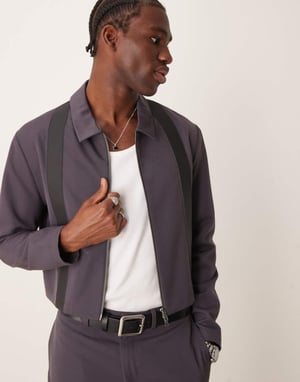 ASOS DESIGN kortad slim smart co-ord harrington jacka med PU-detaljer i kolgrå